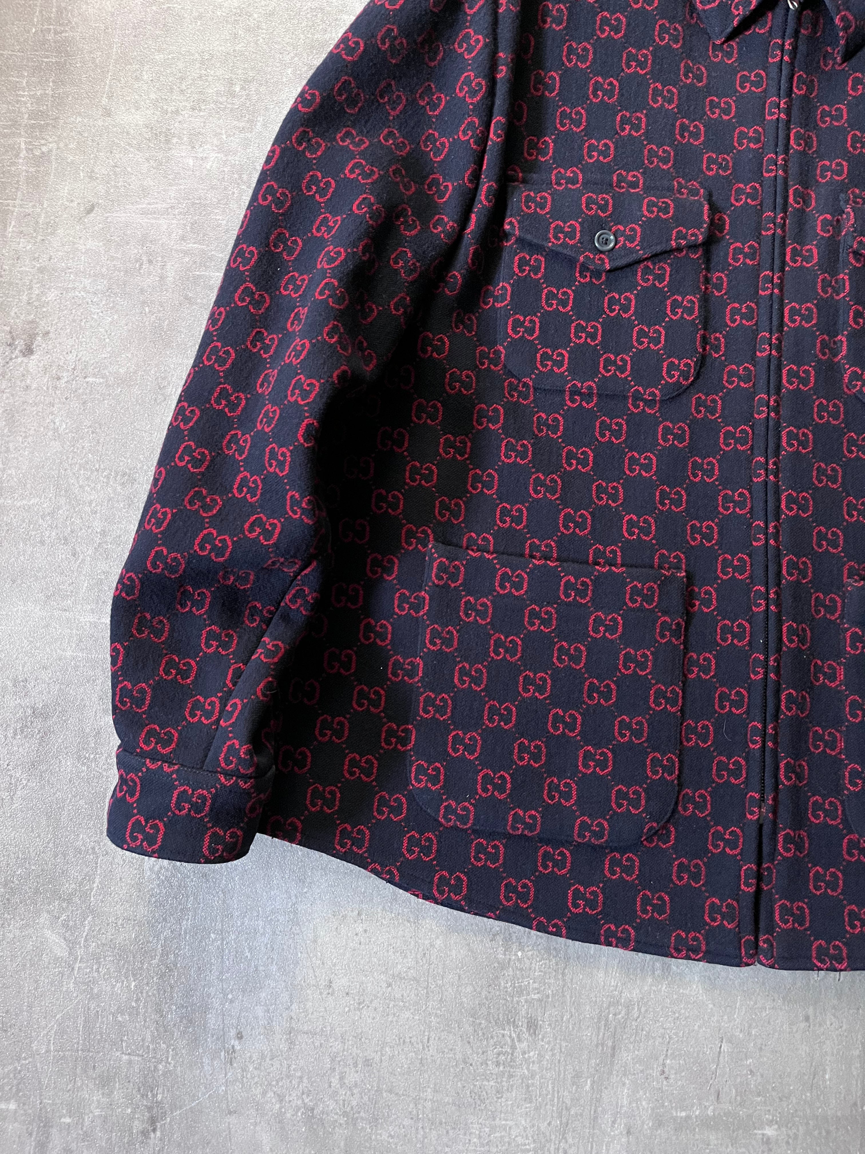 Gucci GG Jacquard Monogram Wool Shirt Jacket Men Red Navy Men - M