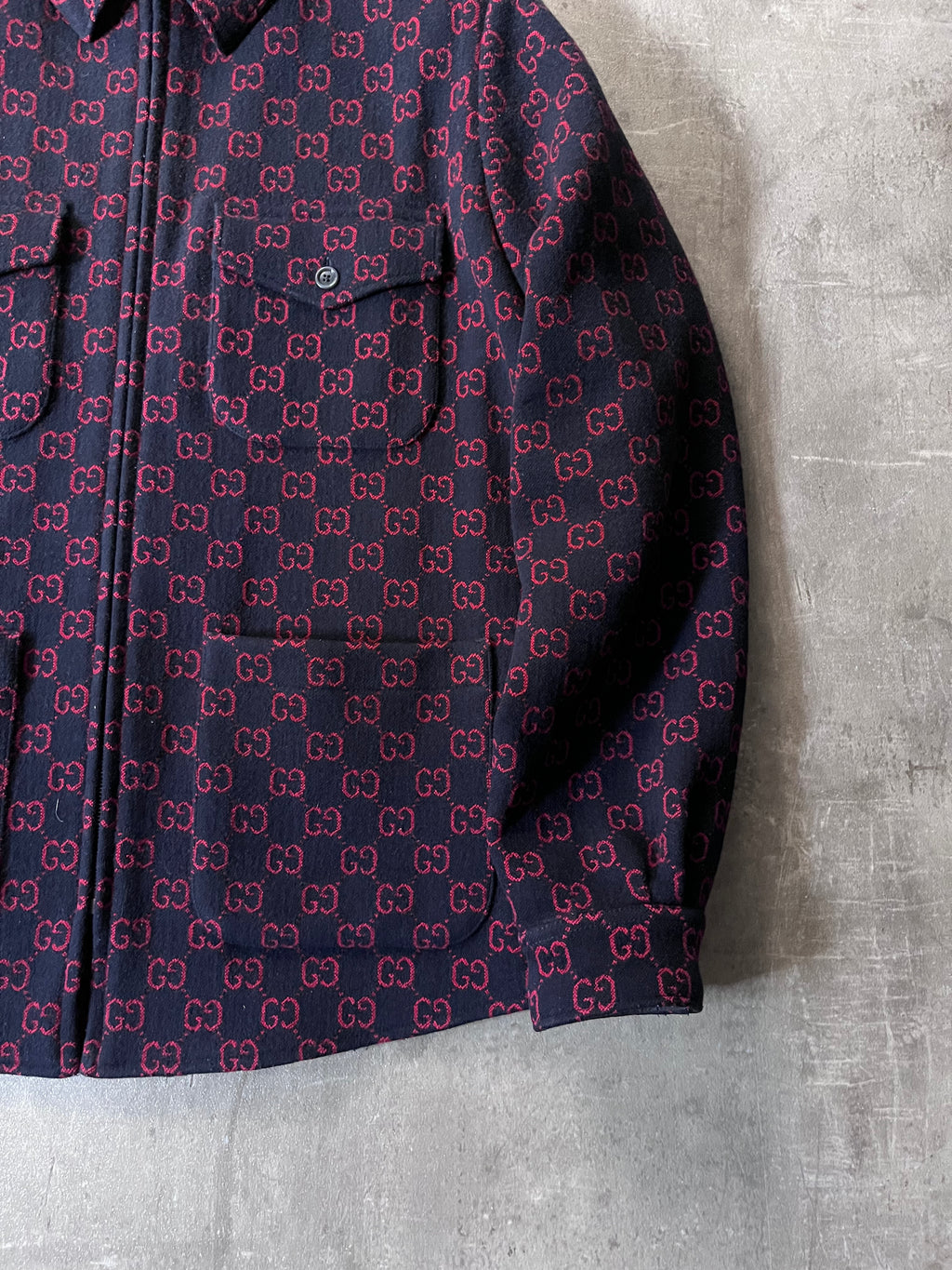 Gucci GG Jacquard Monogram Wool Shirt Jacket Men Red Navy Men - M