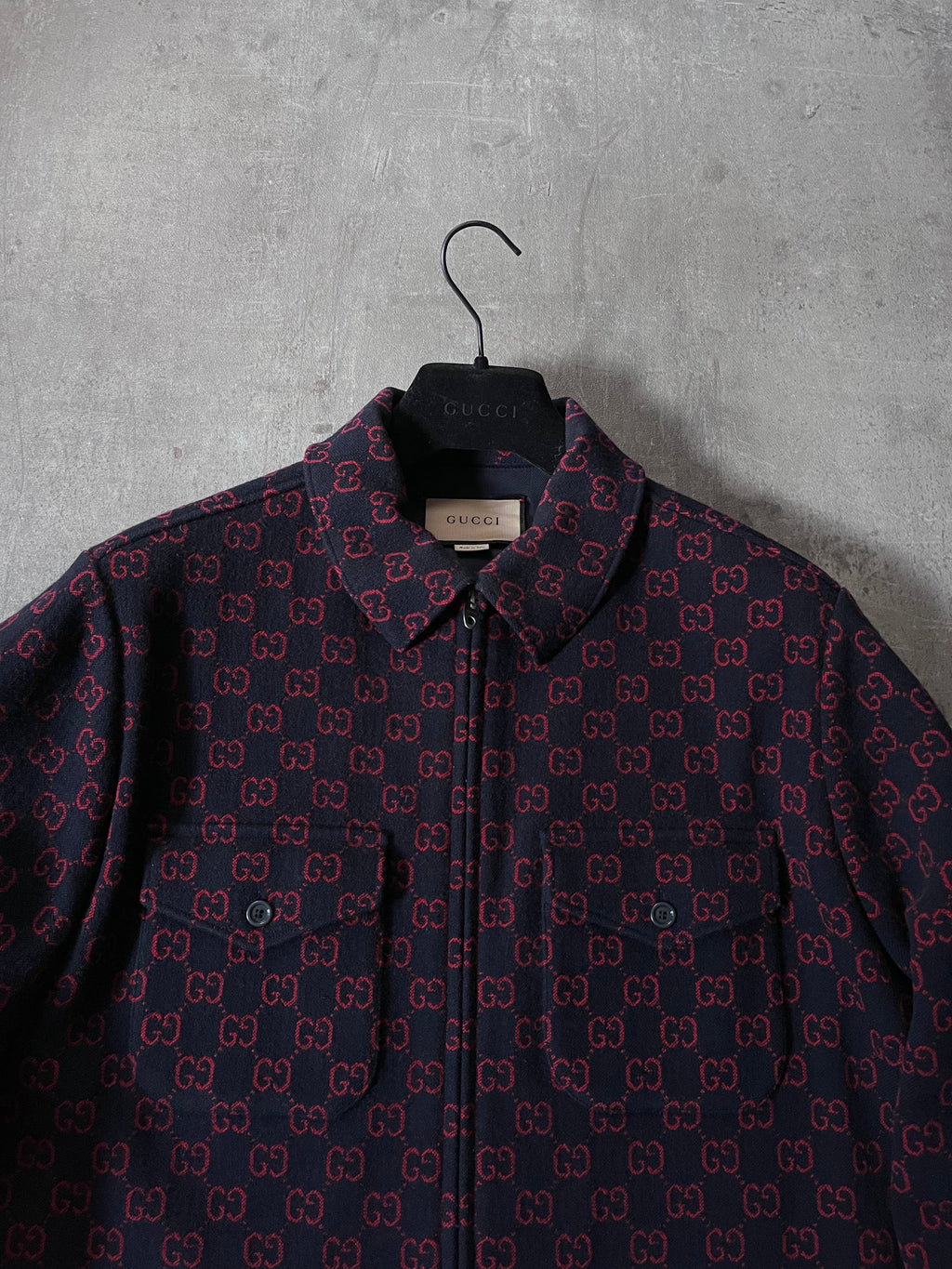 Gucci GG Jacquard Monogram Wool Shirt Jacket Men Red Navy Men - M