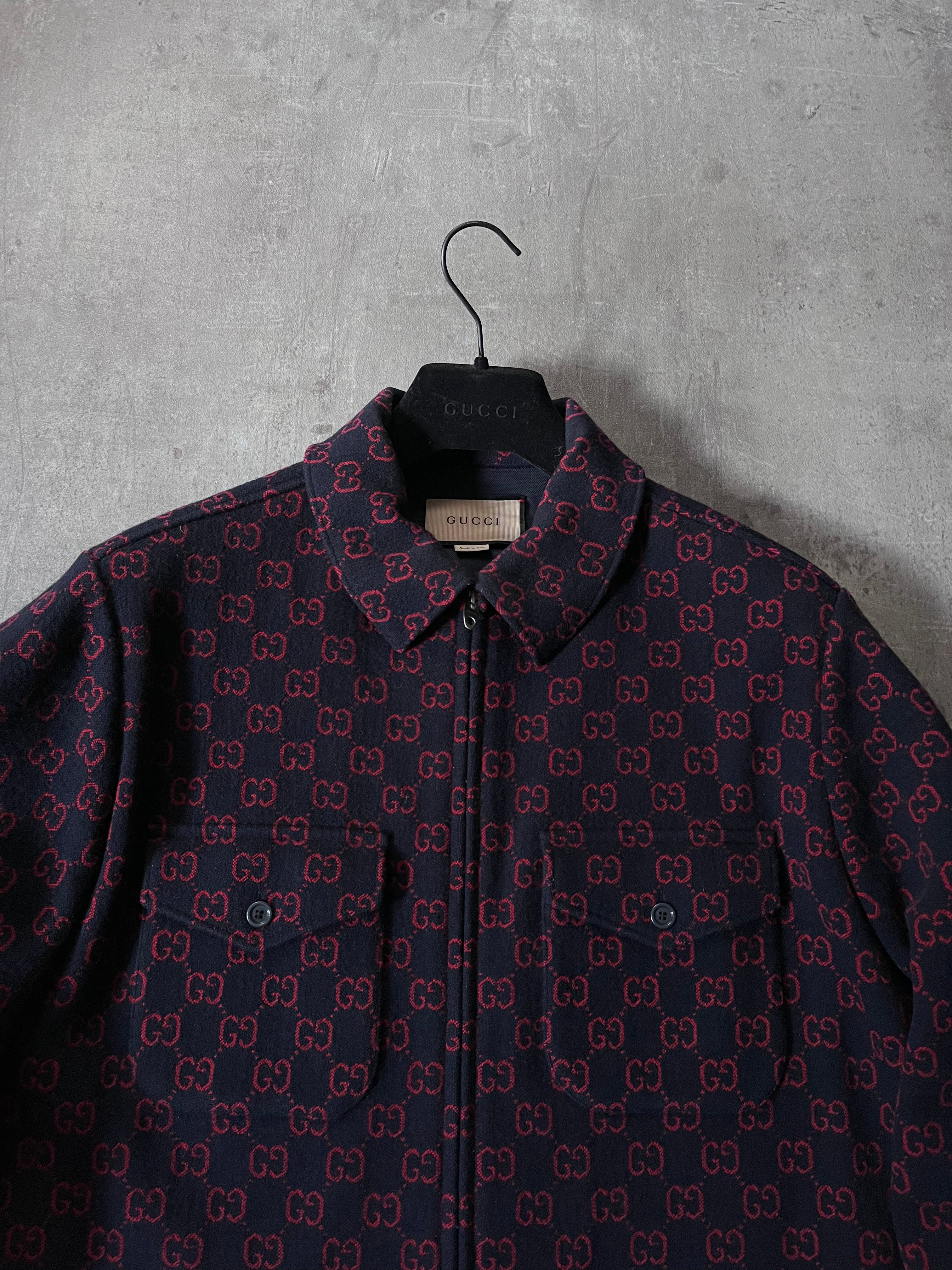 Gucci GG Jacquard Monogram Wool Shirt Jacket Men Red Navy Men - M