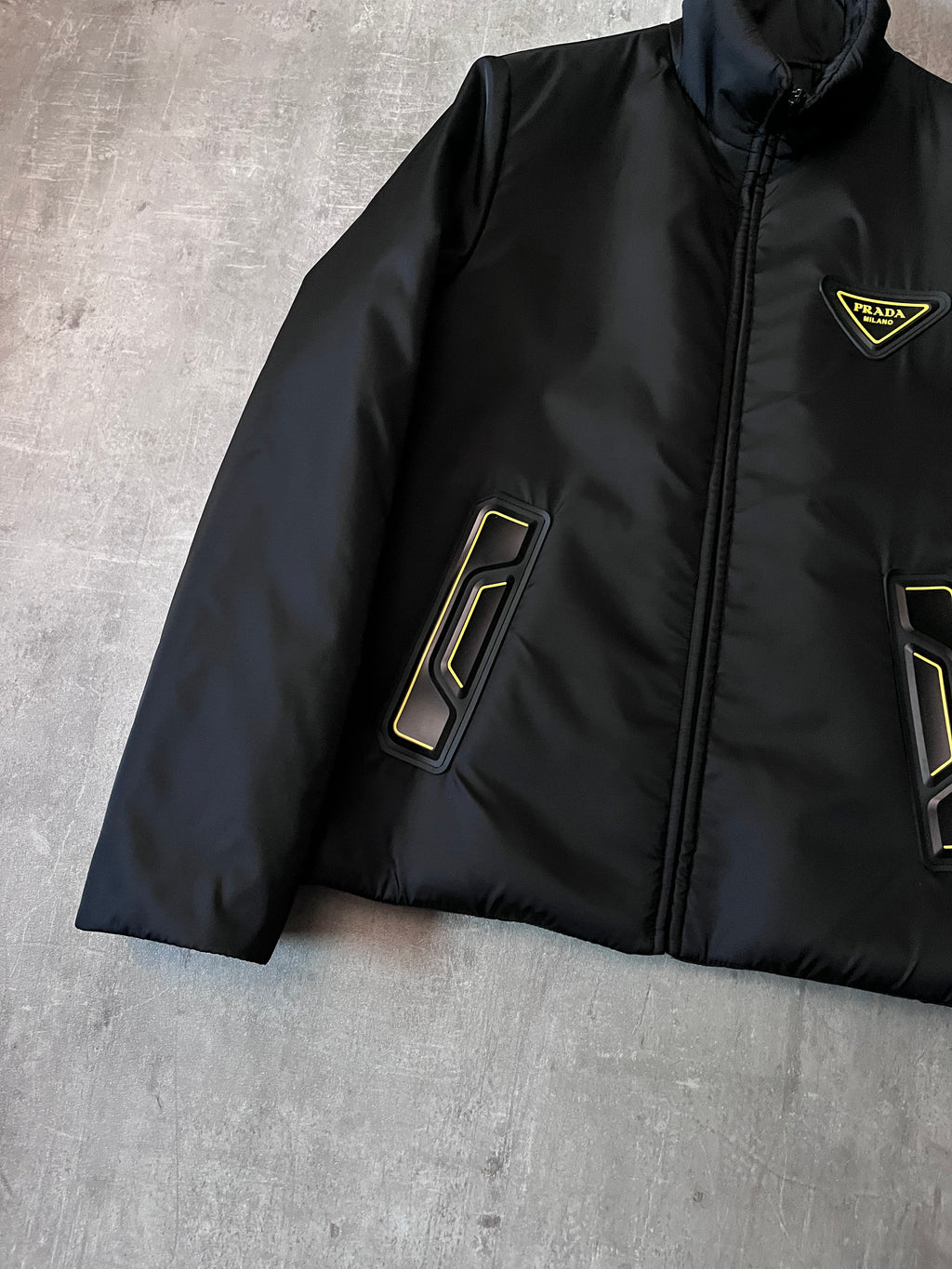 Prada Re-Nylon Padded Bomber Jacket Black Yellow Men - M