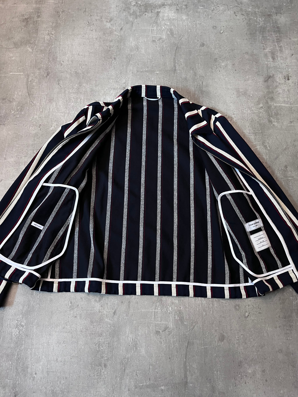 Thom Brown Striped Cotton Wool Jacket Navy White Red Men - L