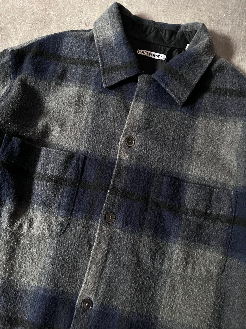 Our Legacy Heusen Checkered Wool Flannel Shirt Navy Grey Men - M