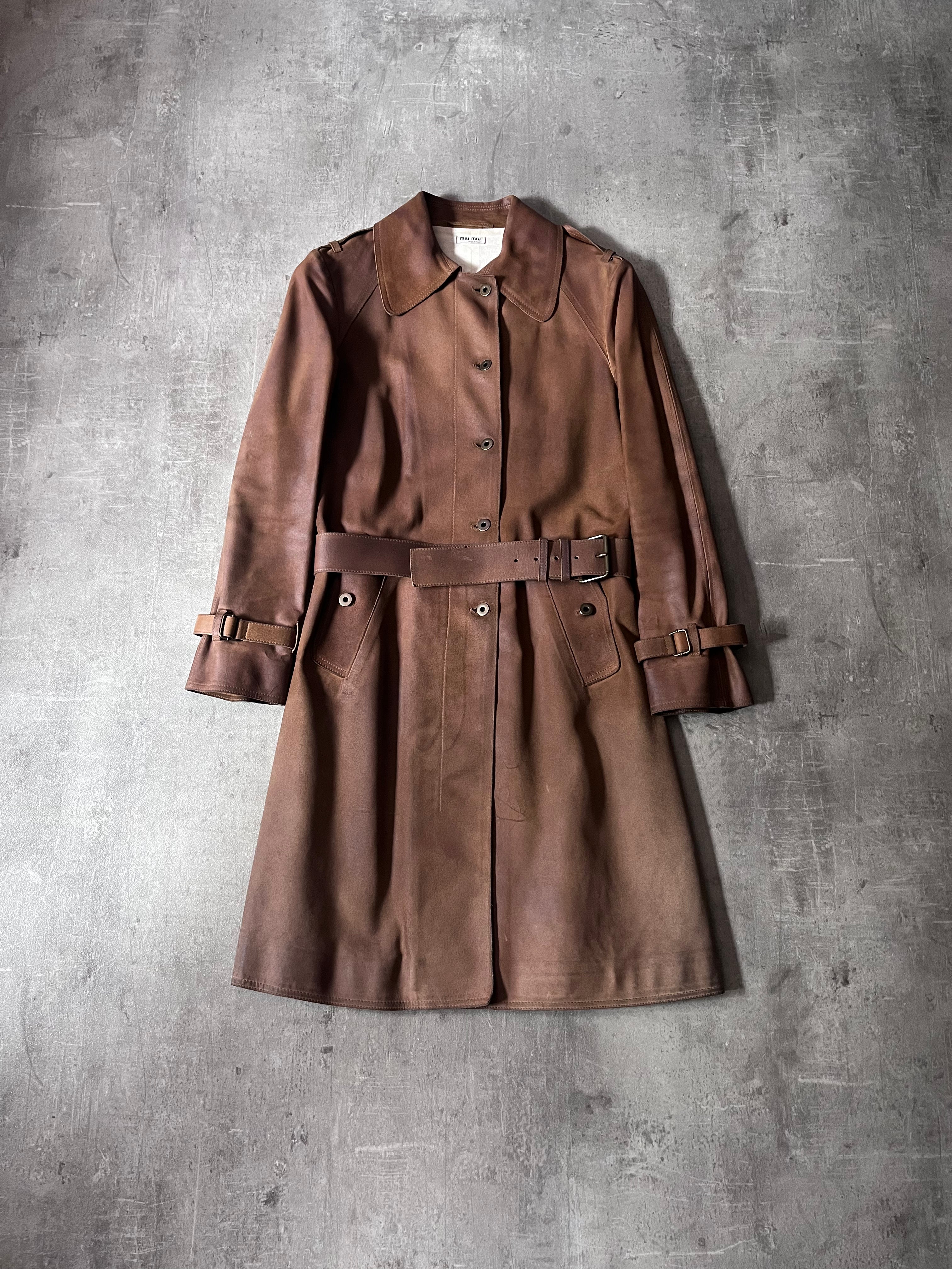 Miu Miu Vintage Suede Leather Belter Trench Coat Brown Women - S