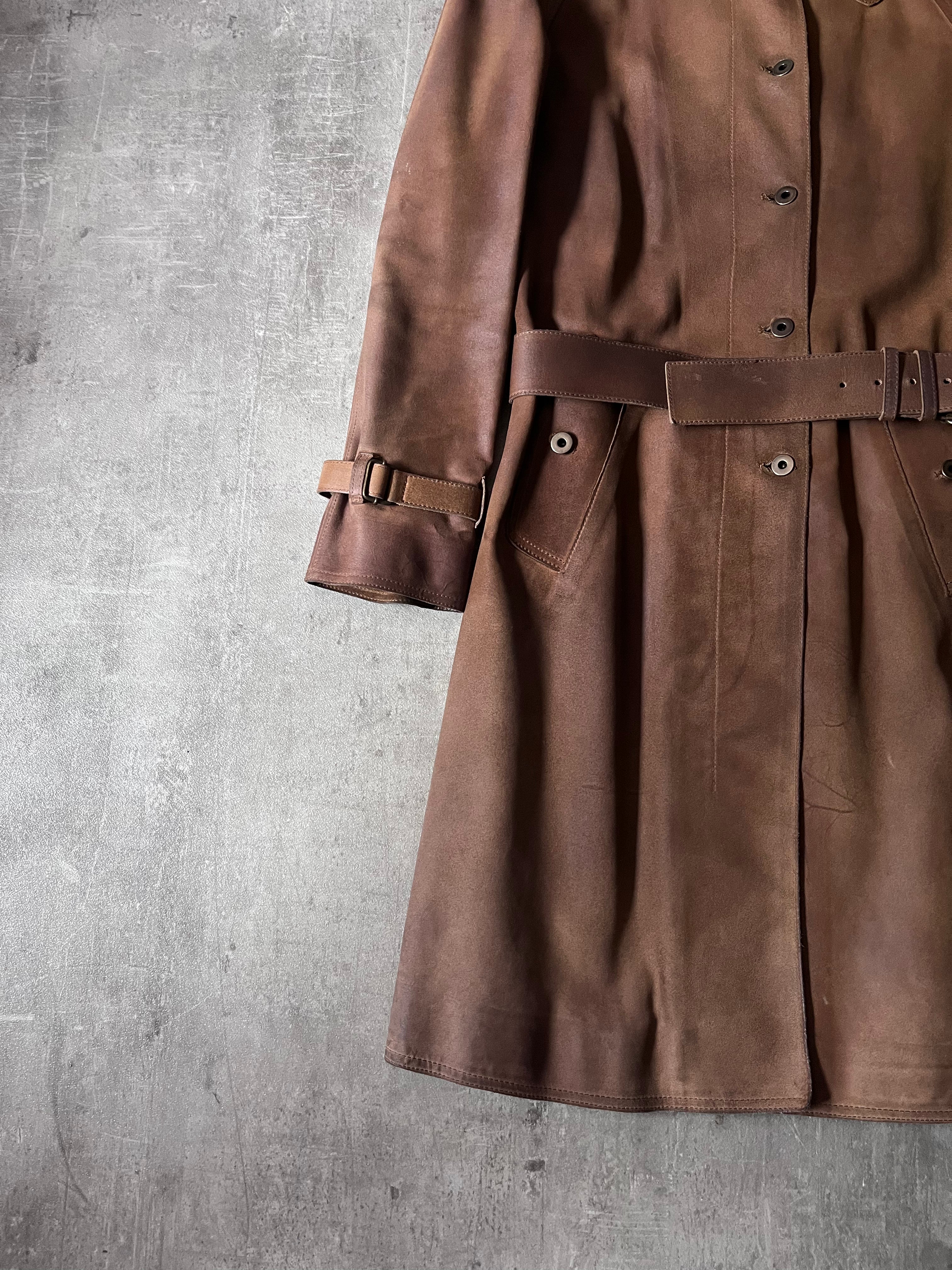 Miu Miu Vintage Suede Leather Belter Trench Coat Brown Women - S