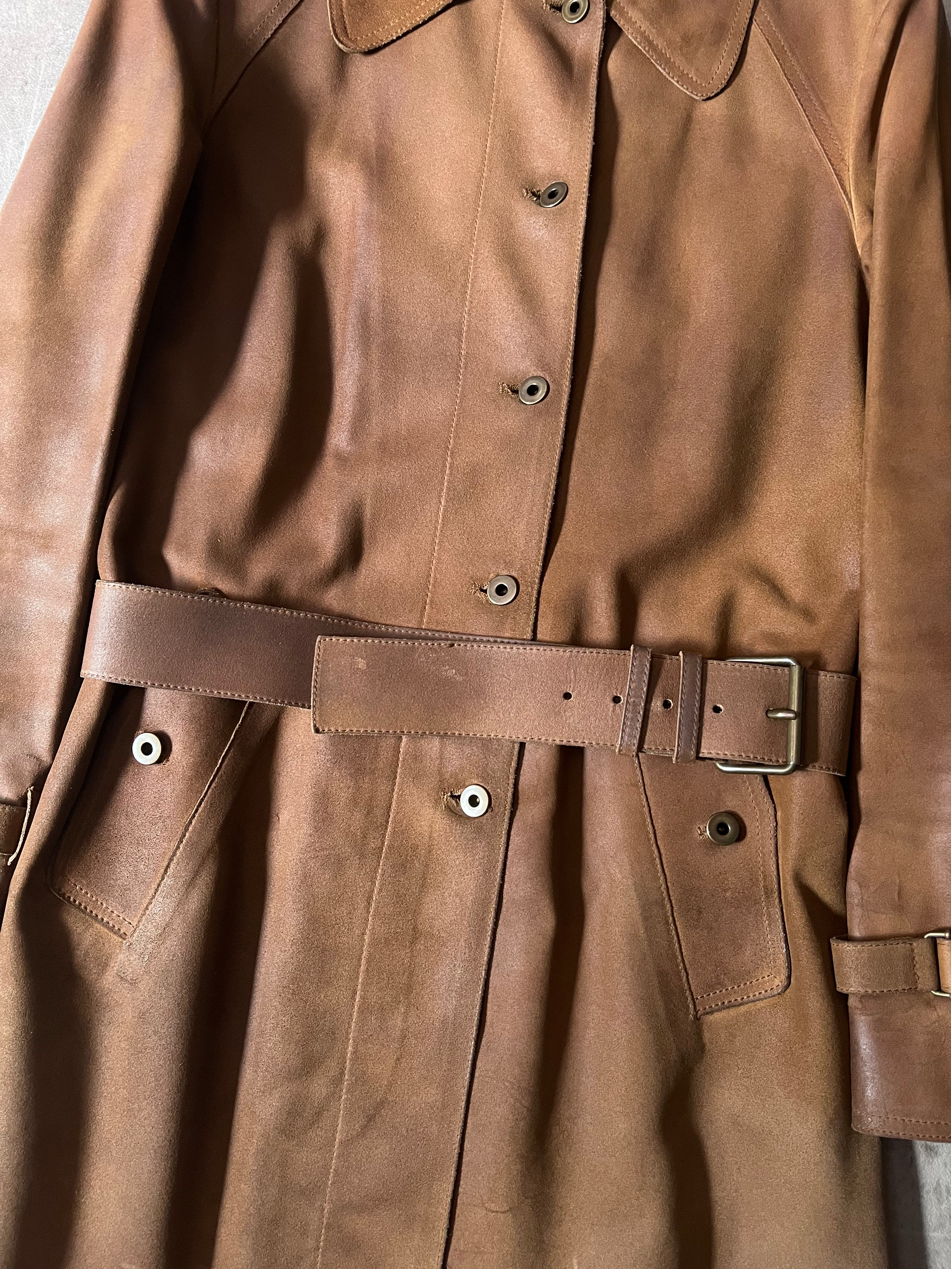 Miu Miu Vintage Suede Leather Belter Trench Coat Brown Women - S