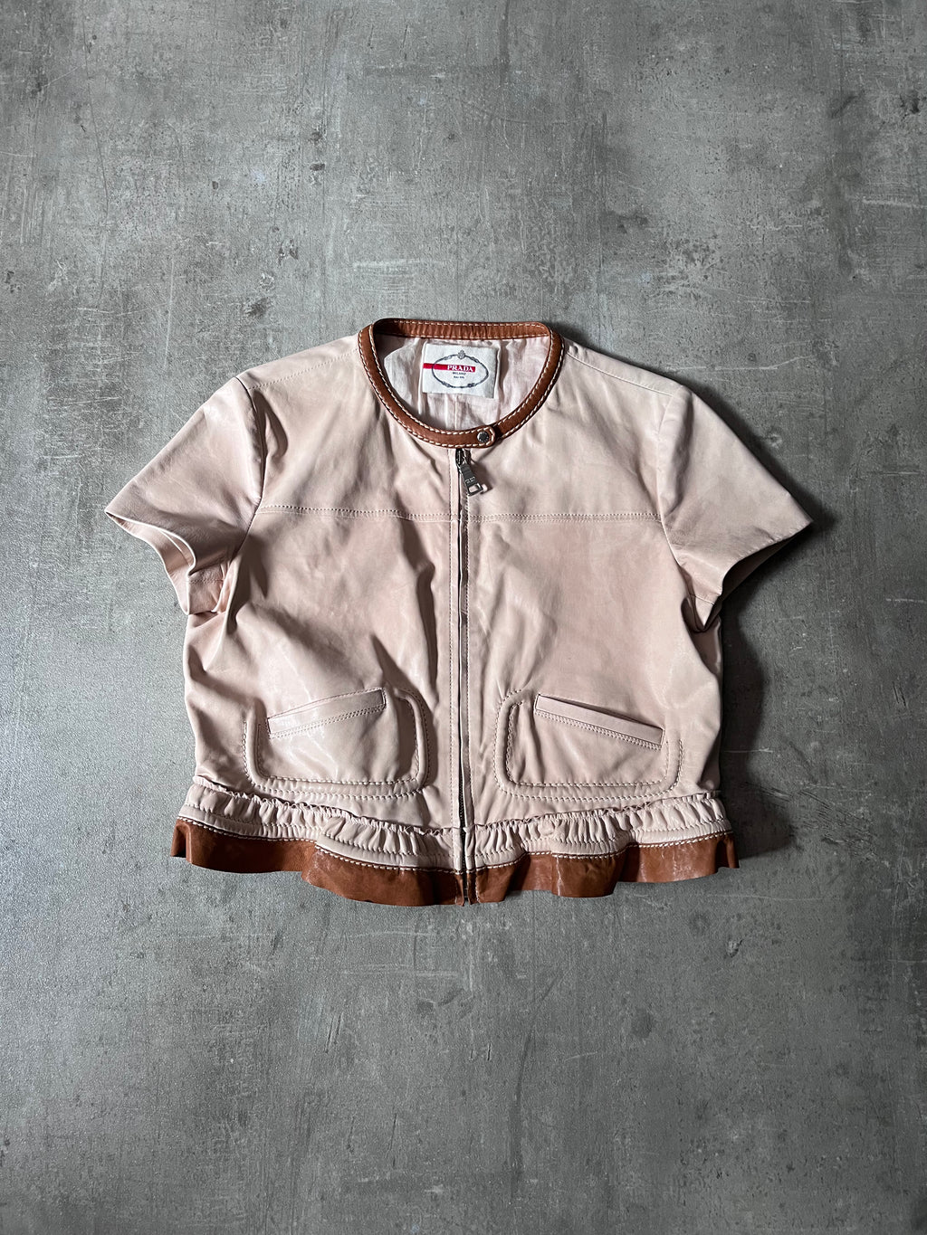 Prada Vintage Short Sleeve Leather Cropped Jacket Beige Women - L