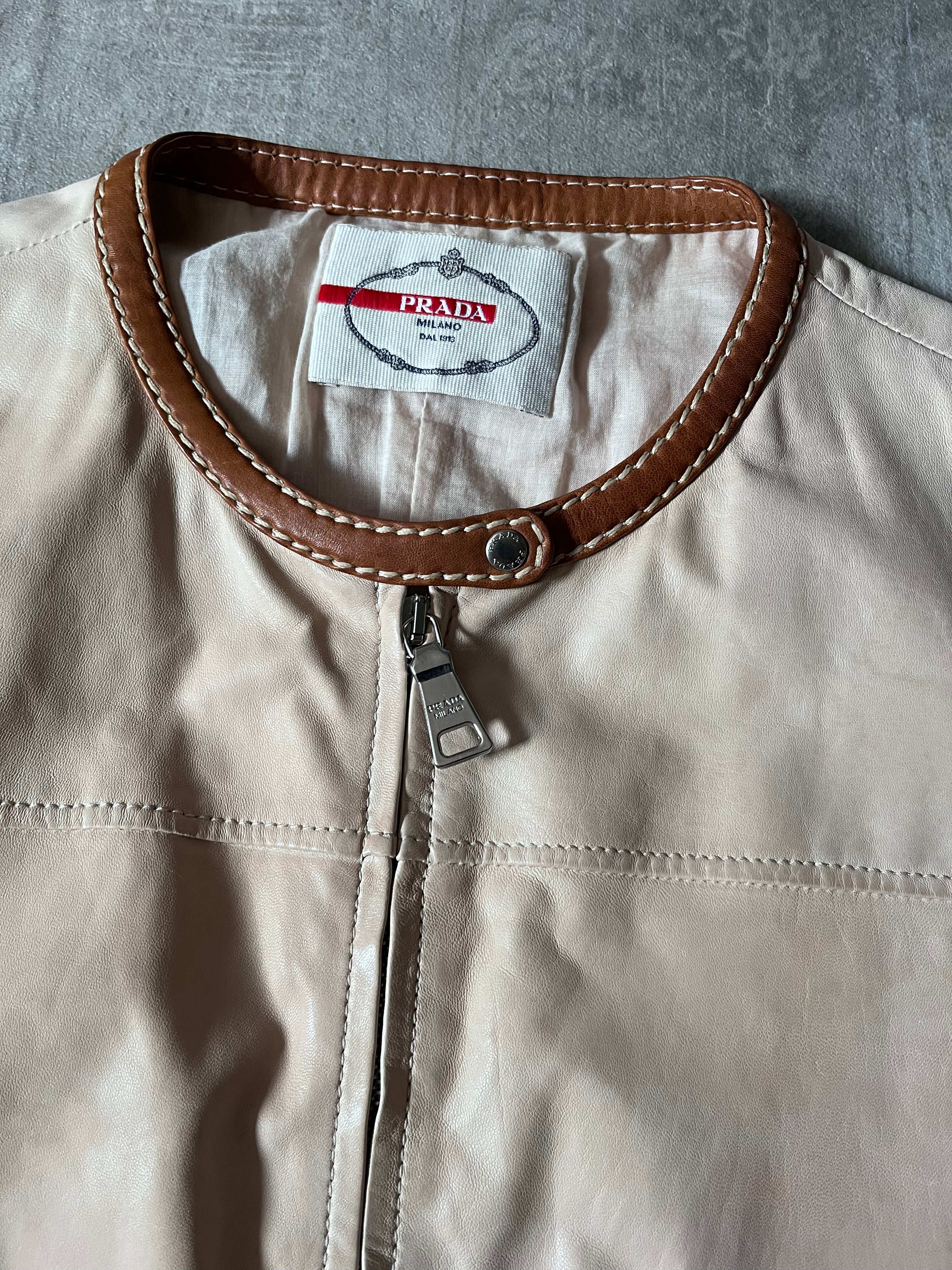 Prada Vintage Short Sleeve Leather Cropped Jacket Beige Women - L