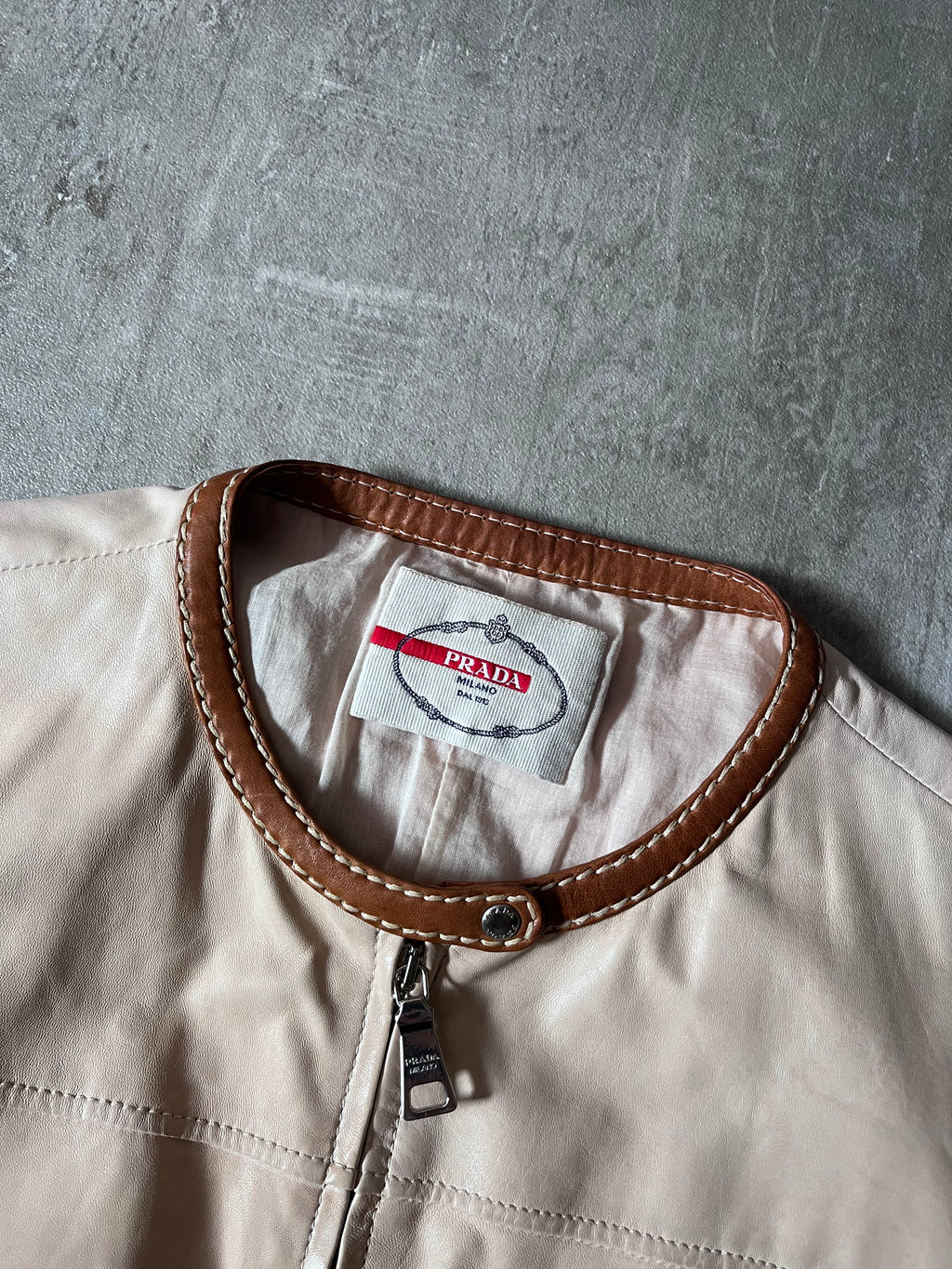 Prada Vintage Short Sleeve Leather Cropped Jacket Beige Women - L