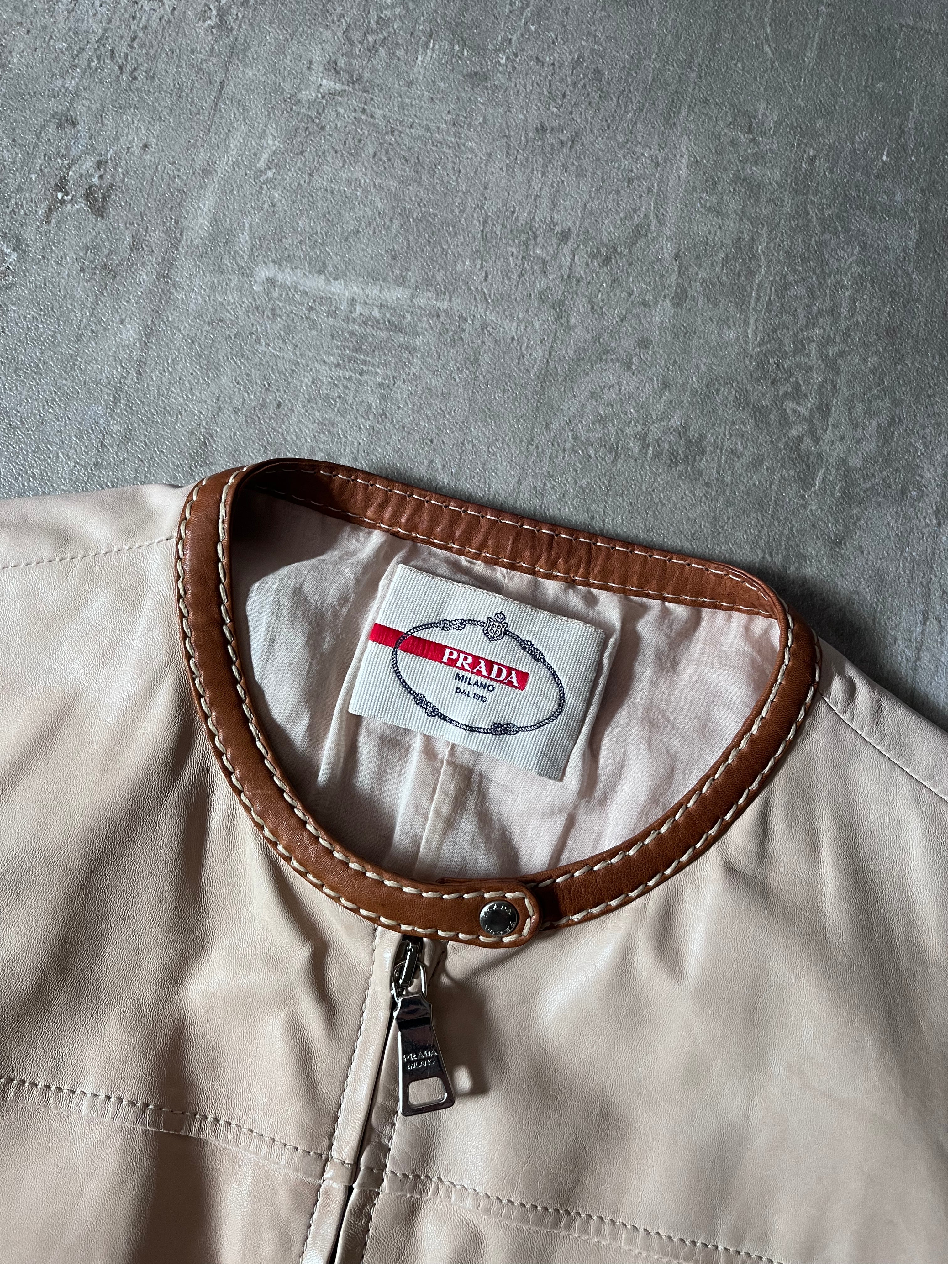 Prada Vintage Short Sleeve Leather Cropped Jacket Beige Women - L
