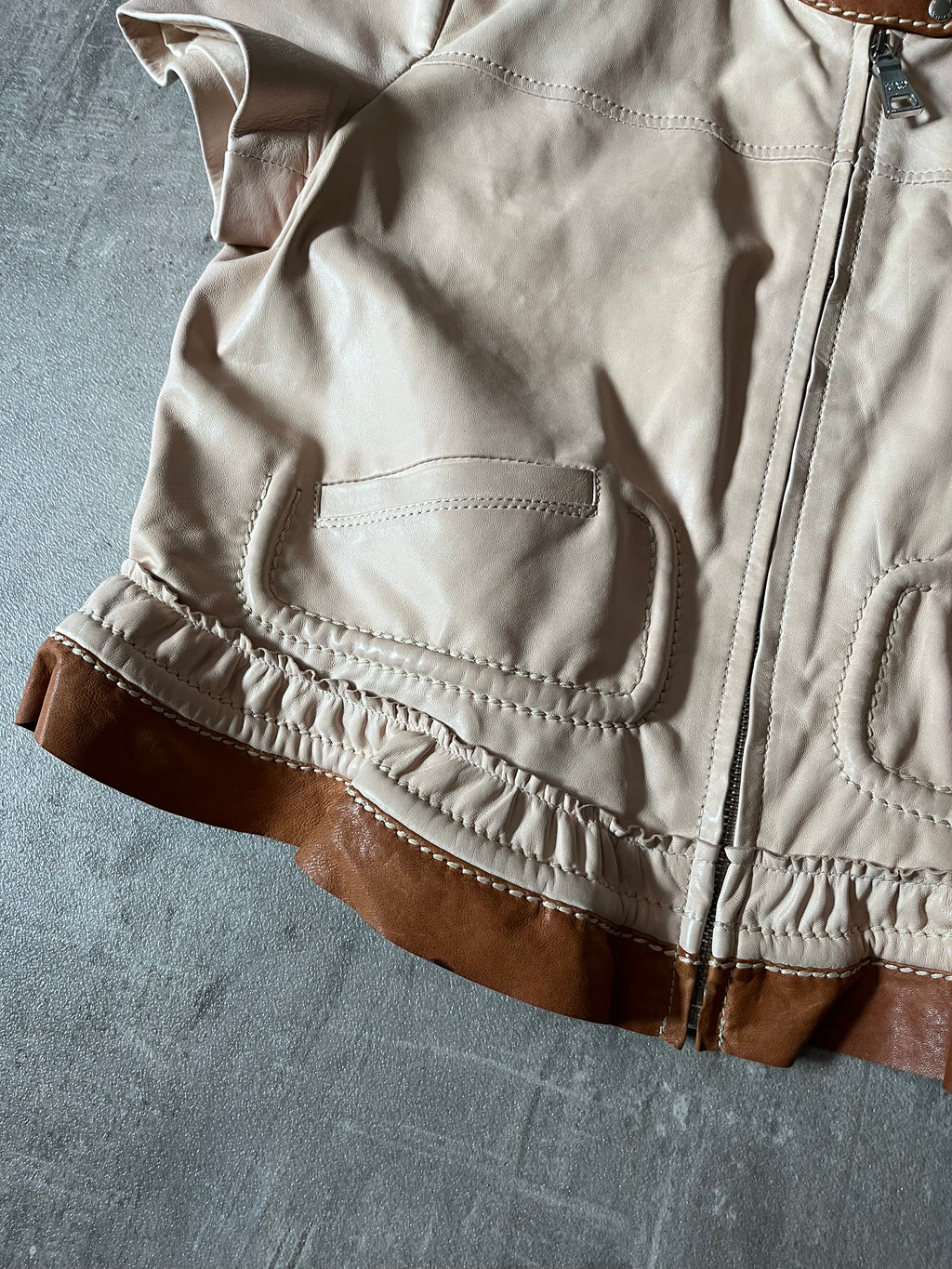 Prada Vintage Short Sleeve Leather Cropped Jacket Beige Women - L