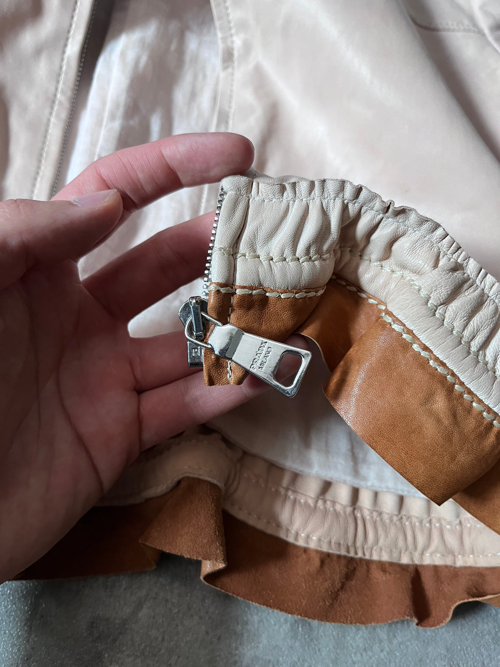 Prada Vintage Short Sleeve Leather Cropped Jacket Beige Women - L