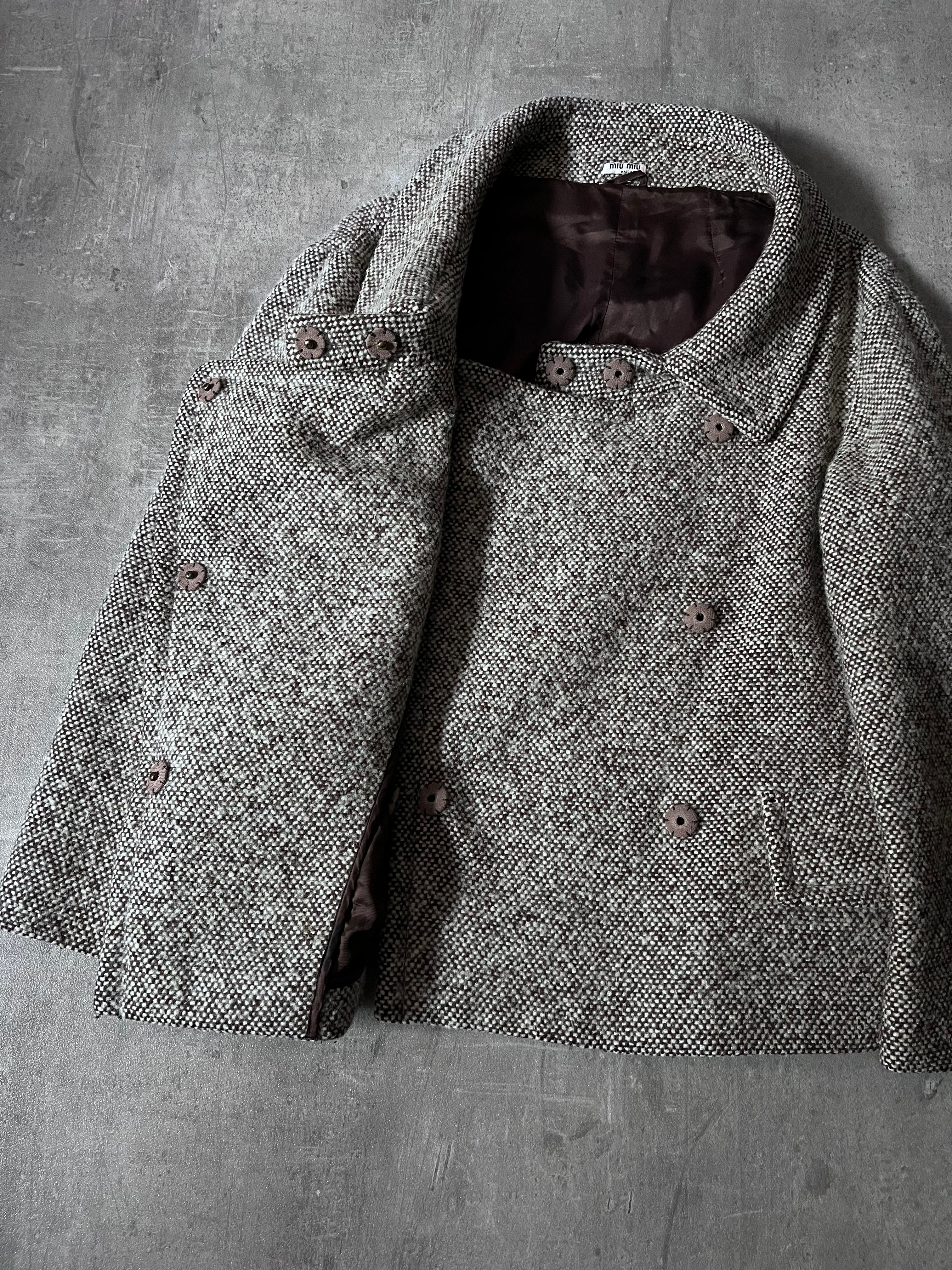 F/W 2009 Miu Miu Tweed Wool Double Breasted Jacket Grey Women - L