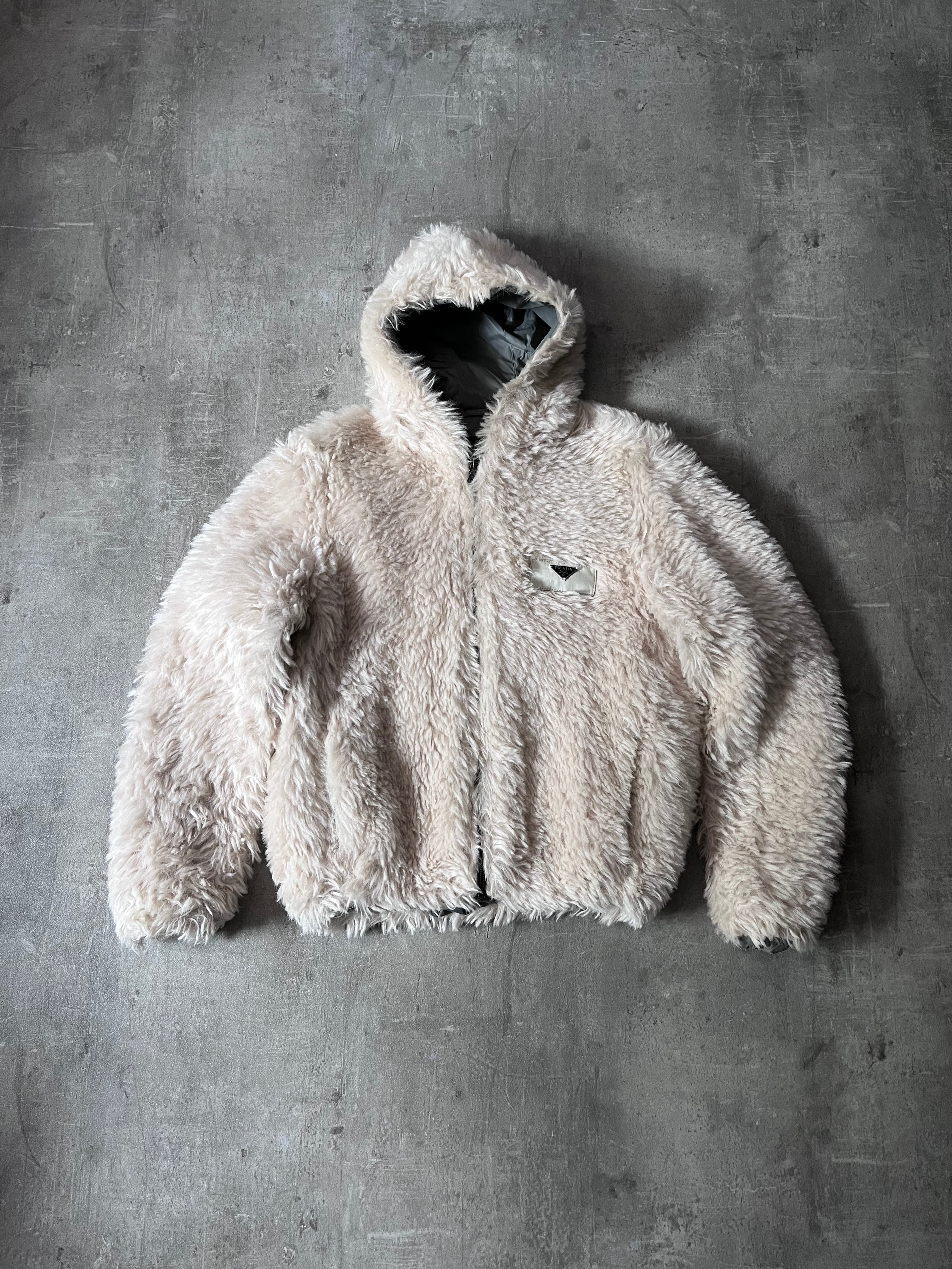 Prada Triangle Logo Alpaca Mohair Fur Style Jacket White Women - XL