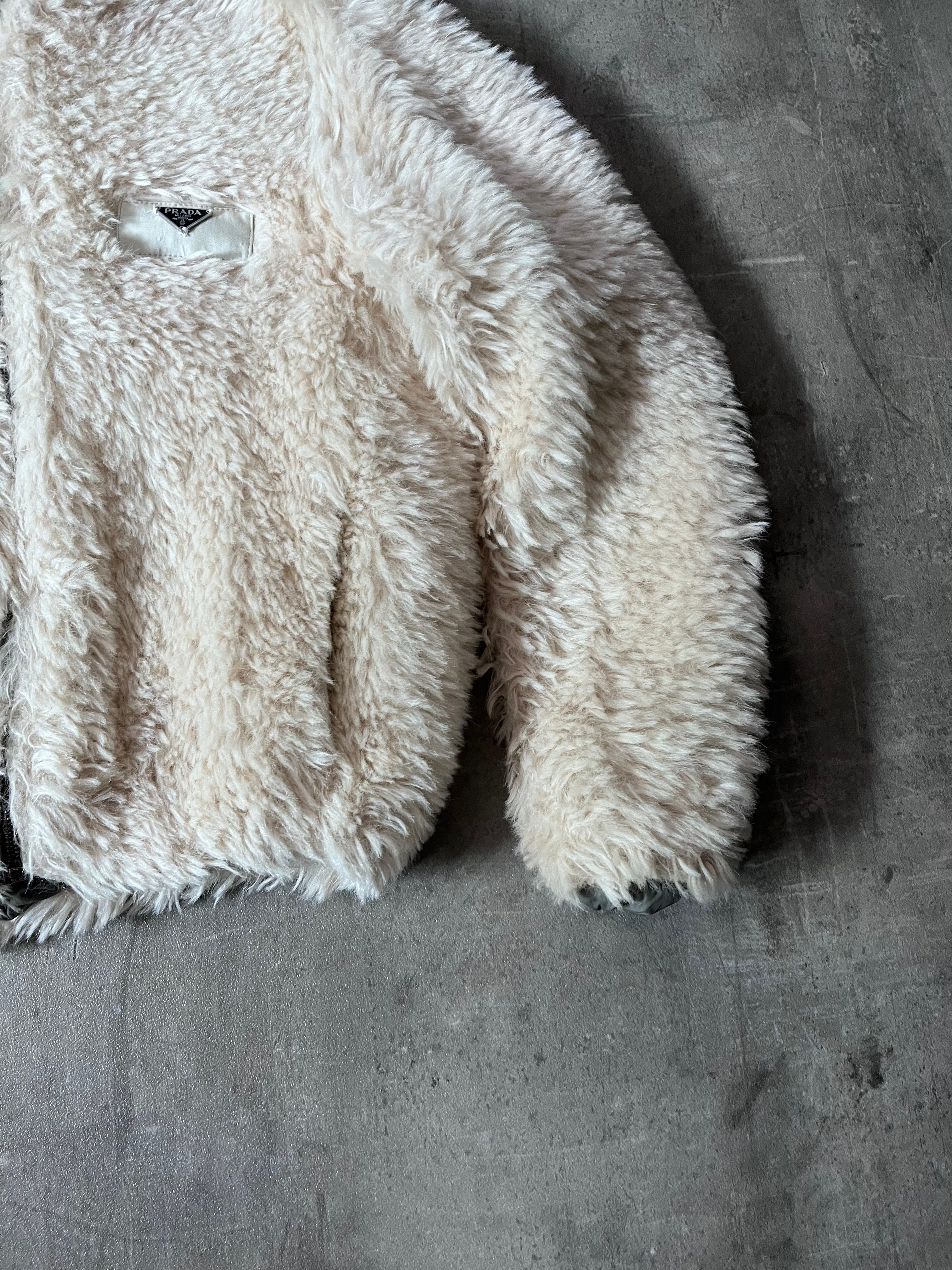 Prada Triangle Logo Alpaca Mohair Fur Style Jacket White Women - XL
