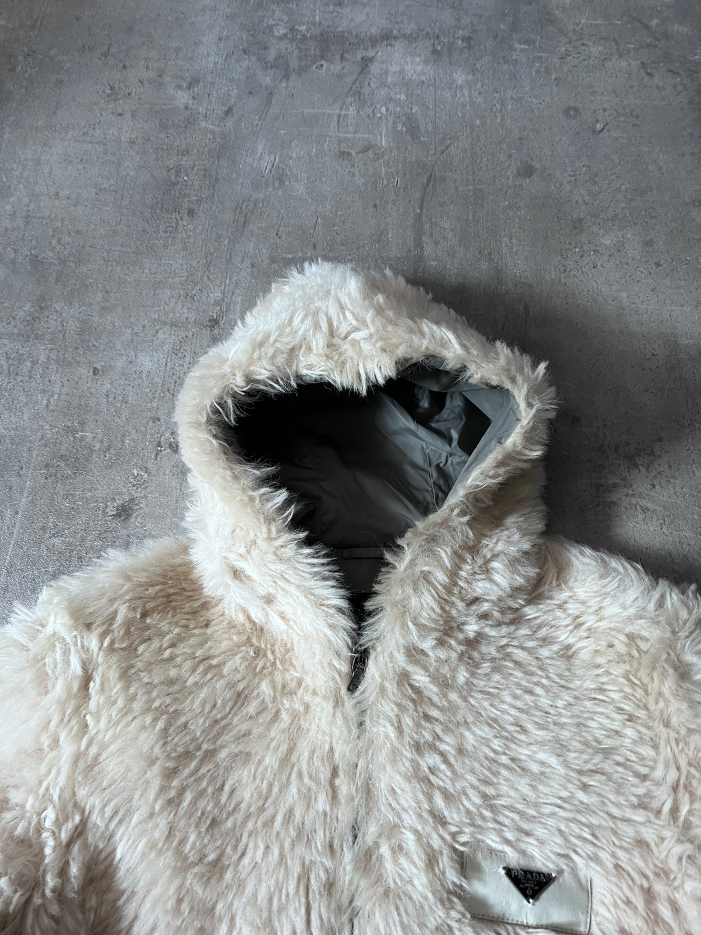 Prada Triangle Logo Alpaca Mohair Fur Style Jacket White Women - XL