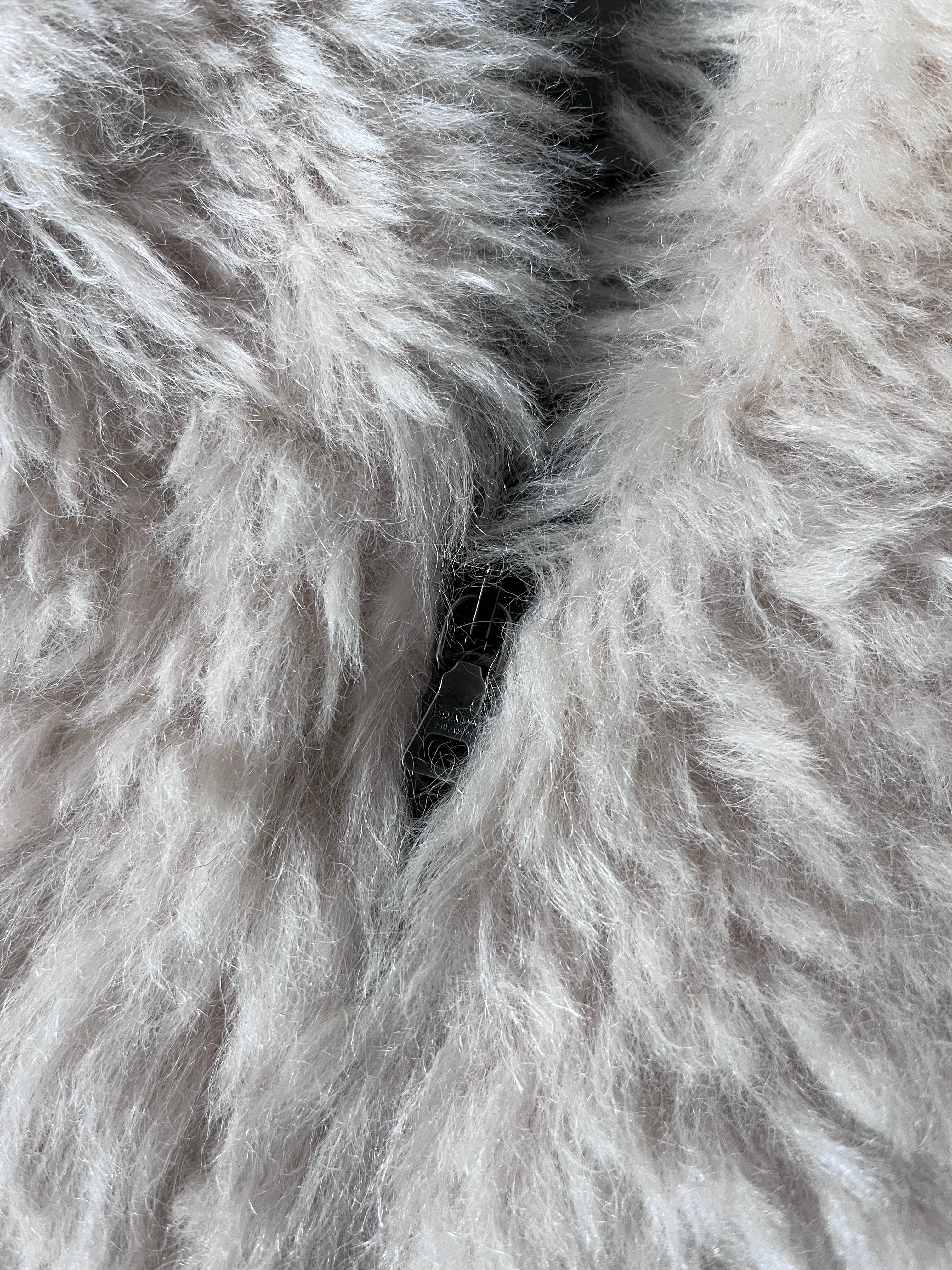 Prada Triangle Logo Alpaca Mohair Fur Style Jacket White Women - XL