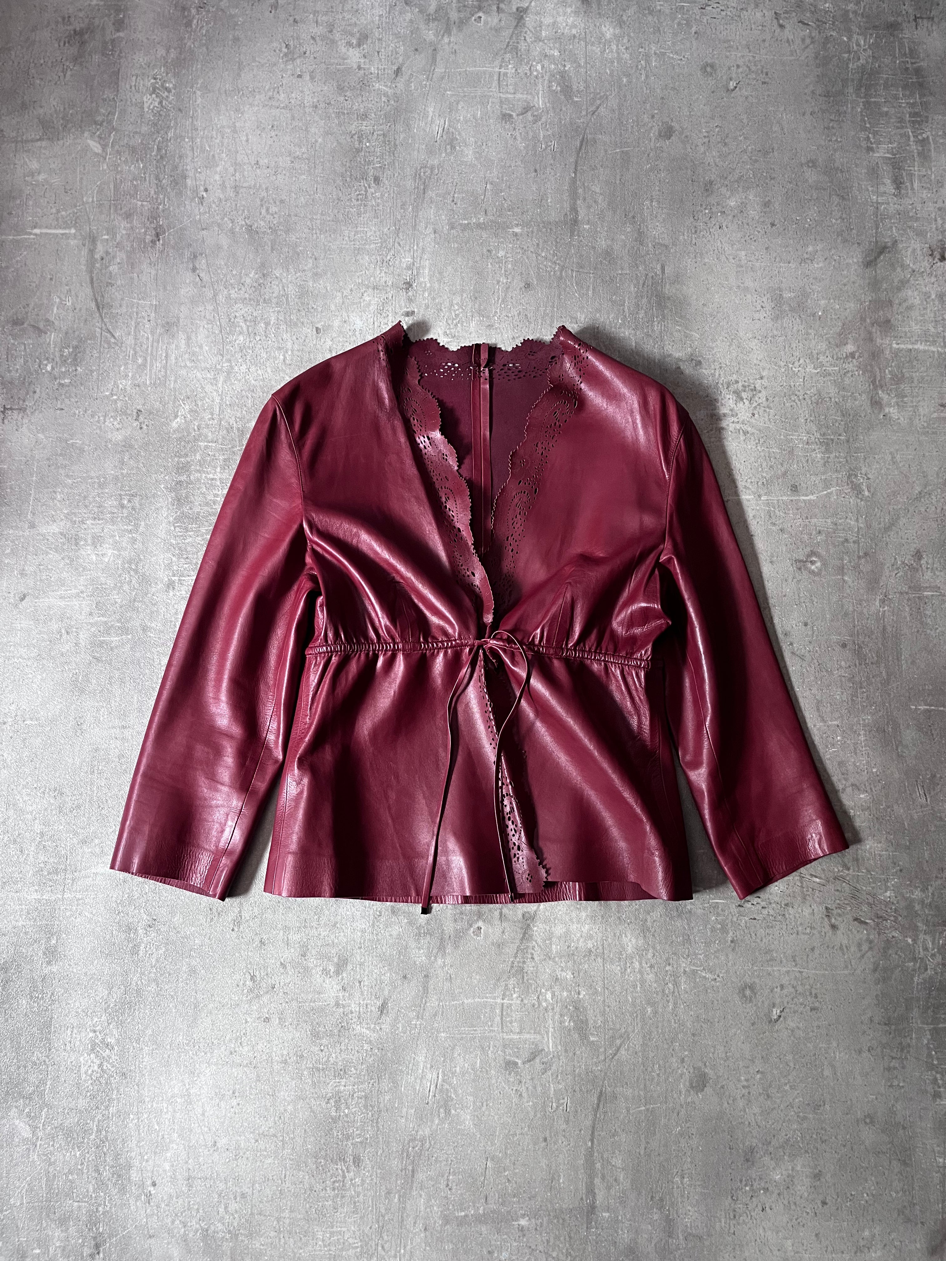 2000s Gucci by Tom Ford Leather Laser Cut Edges 3/4 Sleeve Jacket Burgundy Women - L