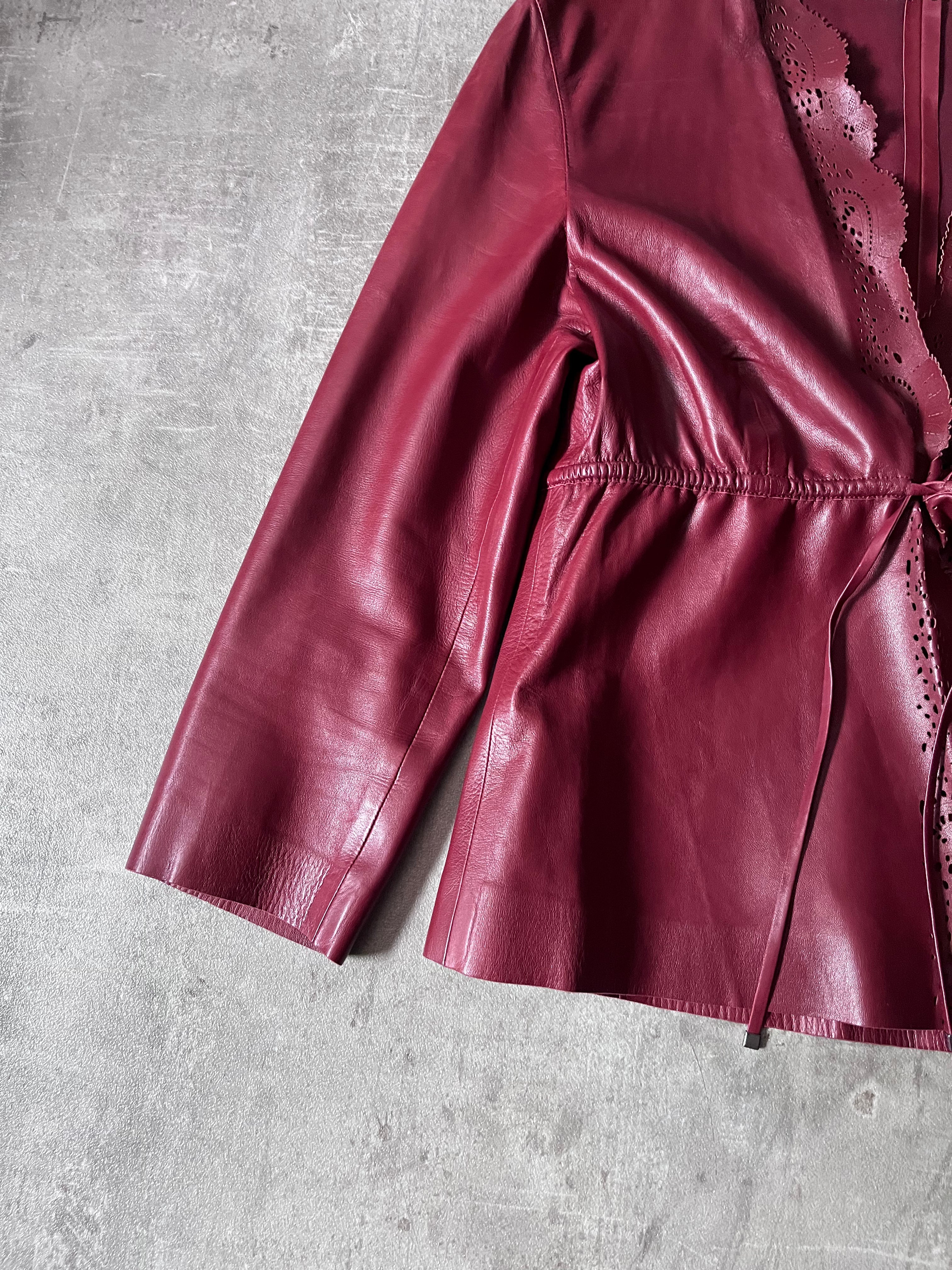 2000s Gucci by Tom Ford Leather Laser Cut Edges 3/4 Sleeve Jacket Burgundy Women - L