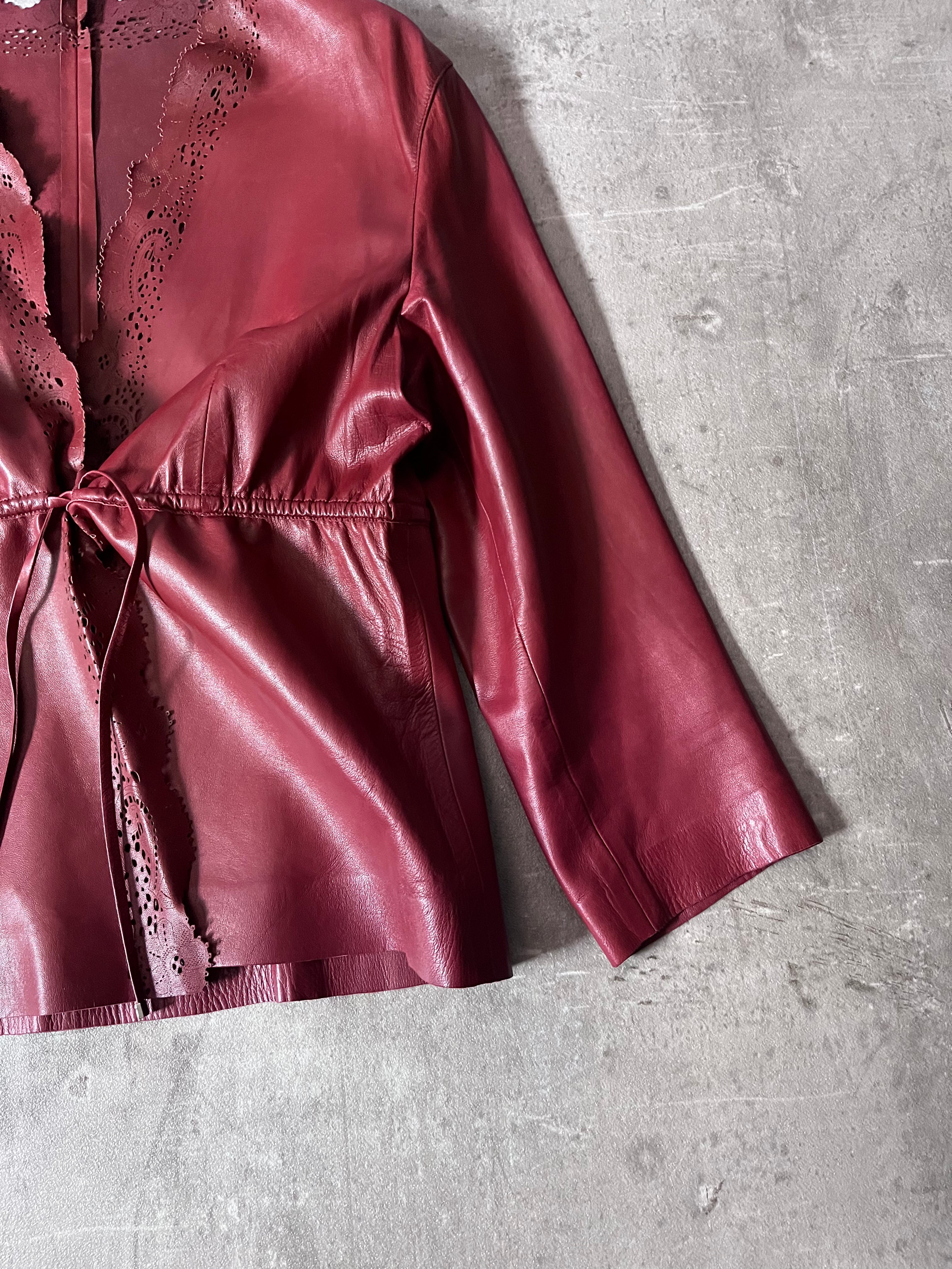 2000s Gucci by Tom Ford Leather Laser Cut Edges 3/4 Sleeve Jacket Burgundy Women - L