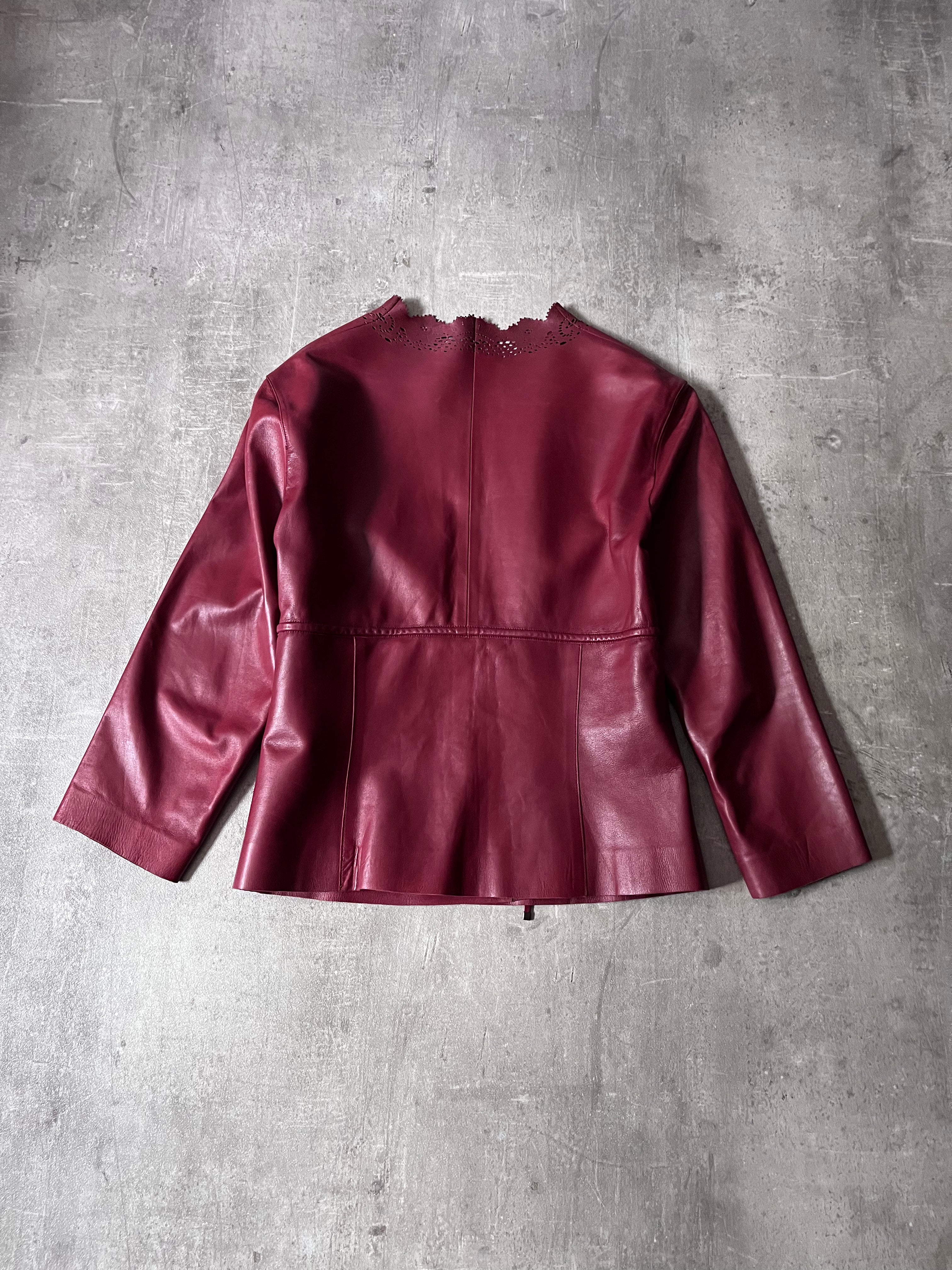 2000s Gucci by Tom Ford Leather Laser Cut Edges 3/4 Sleeve Jacket Burgundy Women - L