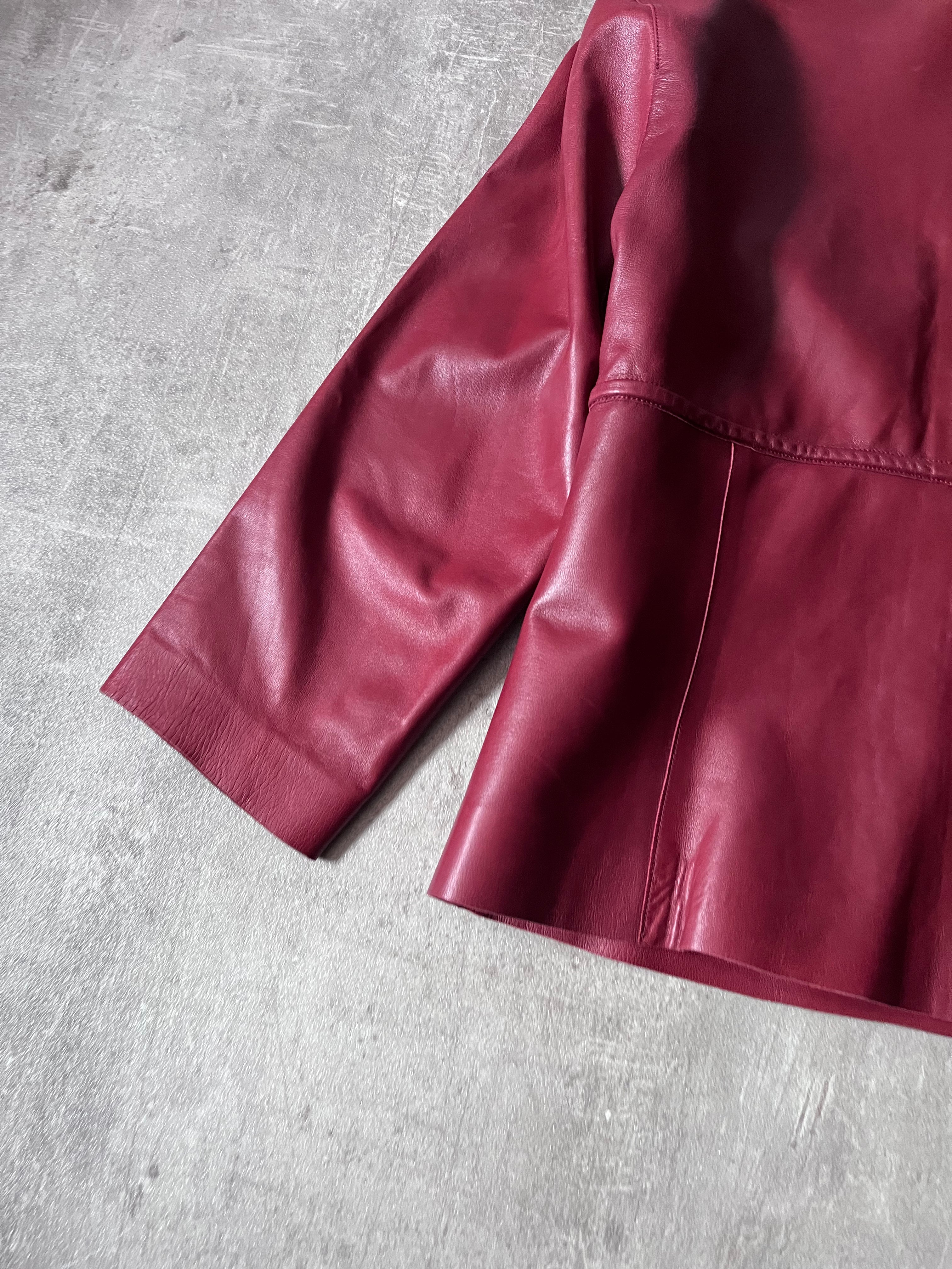 2000s Gucci by Tom Ford Leather Laser Cut Edges 3/4 Sleeve Jacket Burgundy Women - L