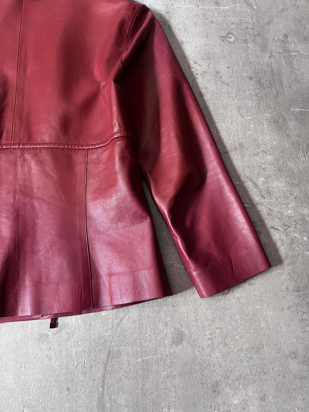 2000s Gucci by Tom Ford Leather Laser Cut Edges 3/4 Sleeve Jacket Burgundy Women - L