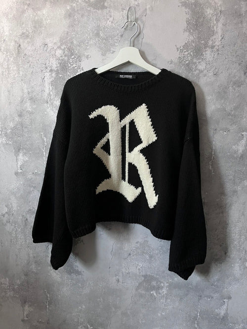 S/S 2023 Raf Simons "R" Print Cropped Wool Sweater Black Men - M