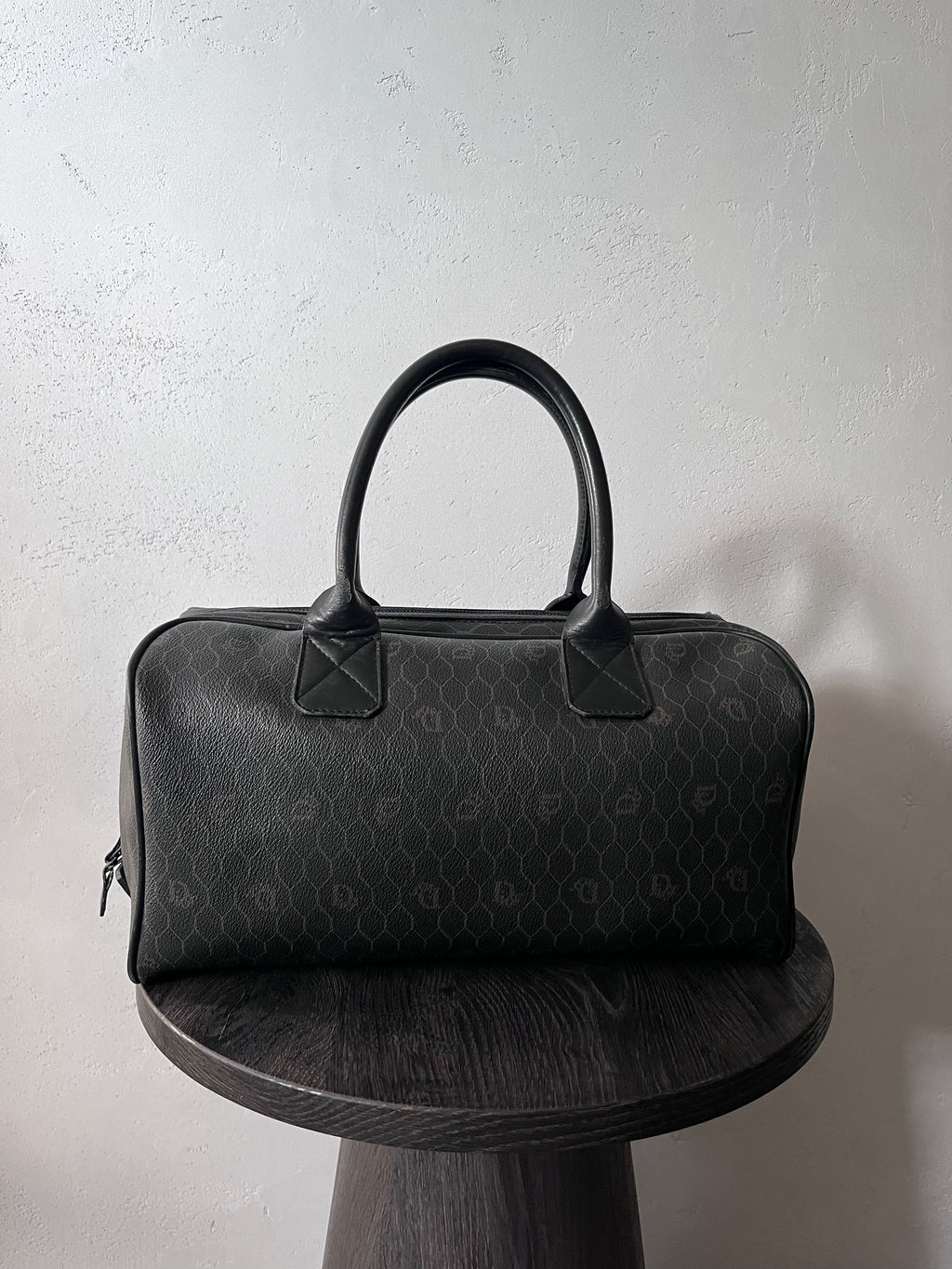 Dior Vintage Monogram Leather Boston Handbag Black