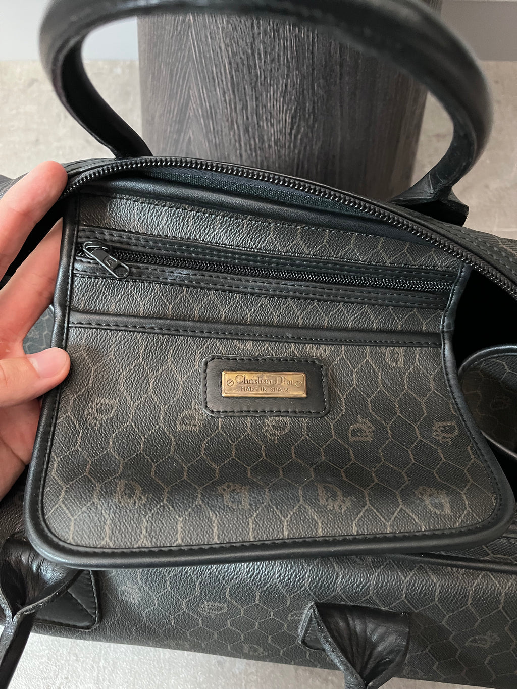 Dior Vintage Monogram Leather Boston Handbag Black