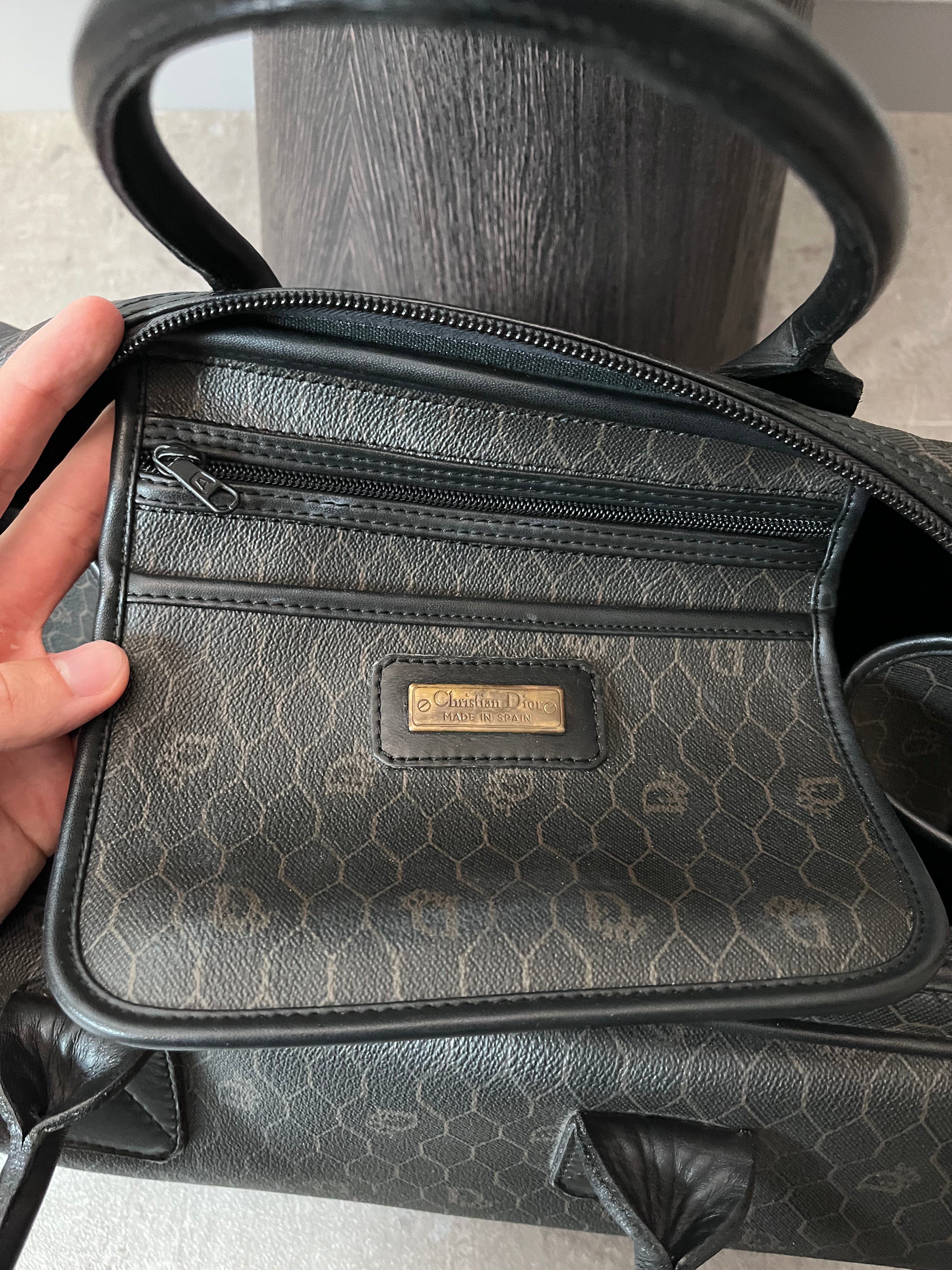 Dior Vintage Monogram Leather Boston Handbag Black